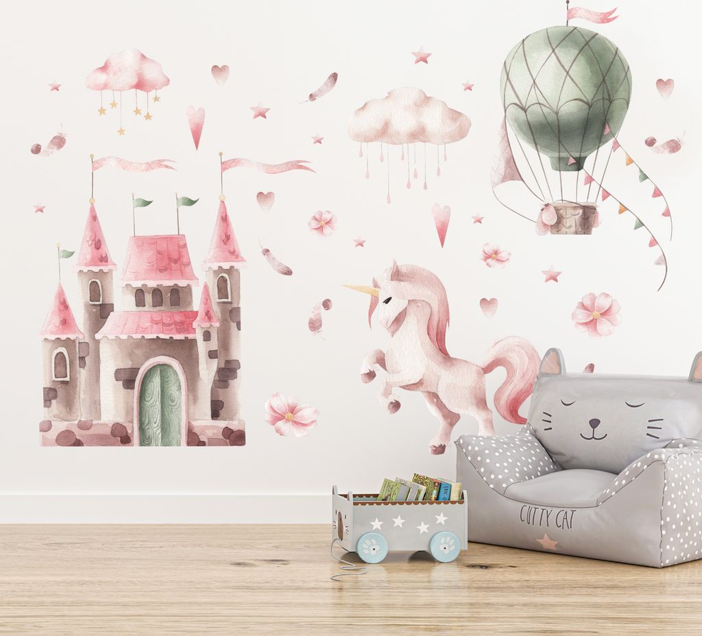 Muralo Wandtattoo für Mädchen Ballon Schloss Sterne Wolken Einhorn Aufkleber 120x60cm