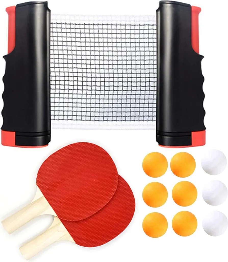 Set de ping-pong réglable avec filet rétractable et 2 raquettes Pro