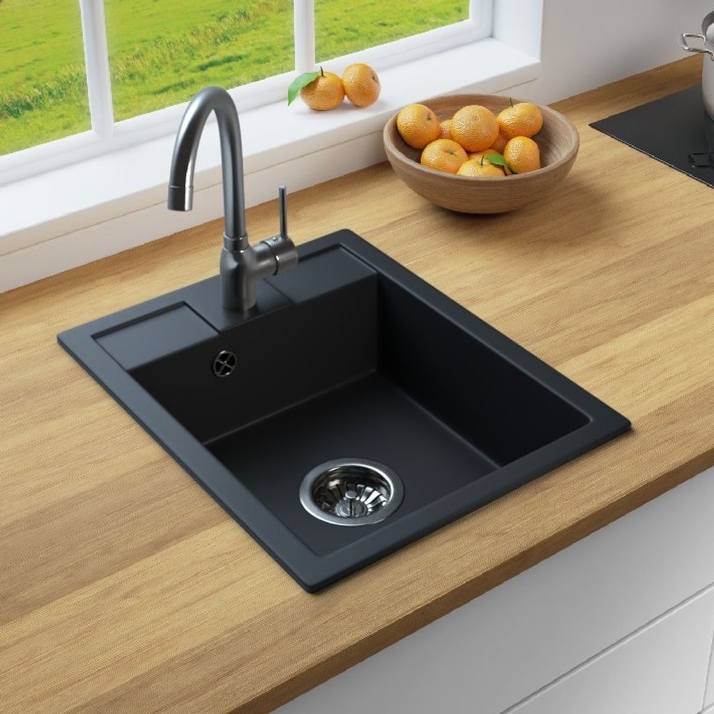 MIT ARMATUR - Rein Schwarz LINDBERGH Antibakterielle Granit Spüle "MON44" + "1-Helia" Einbauspüle Küchenspüle Spülbecken