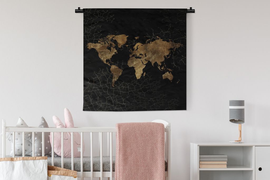 MuchoWow Wandteppich Wandbehang Weltkarte - Linie - Braun 90x90 cm Tapisserie Dekoration Wandtuch - Wandaufhänger