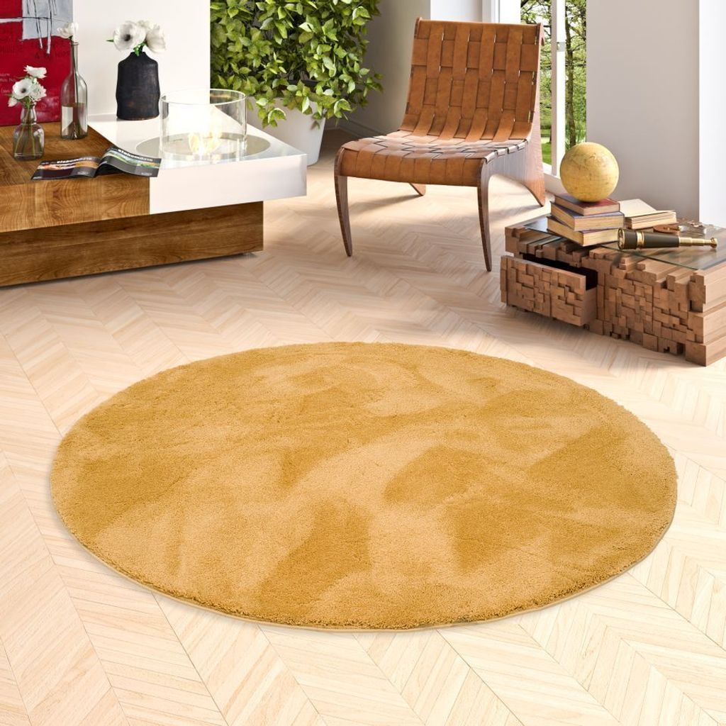 Luxus Super Soft Hochflor Langflor Teppich Silky Curry Rund, Größe:200 cm Rund