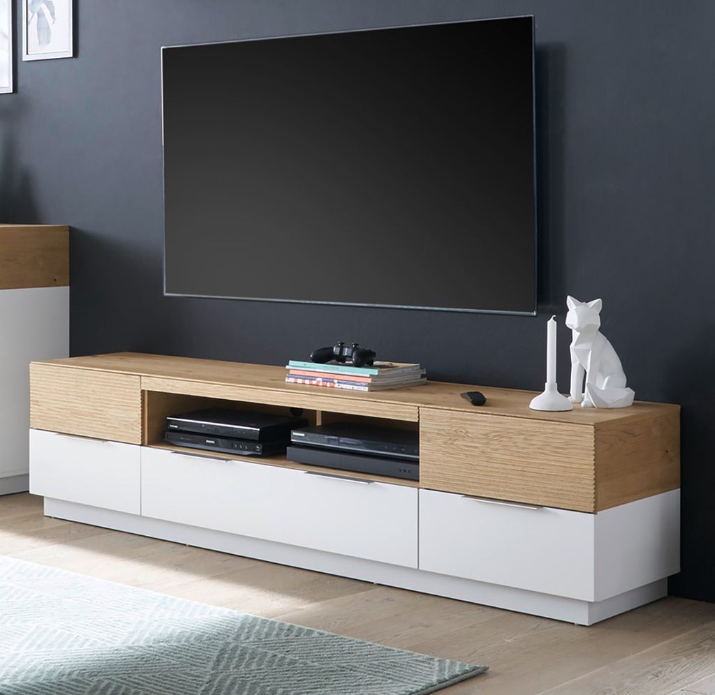 TV-Lowboard Dubai | weiß matt / Eiche massiv Produktbild 