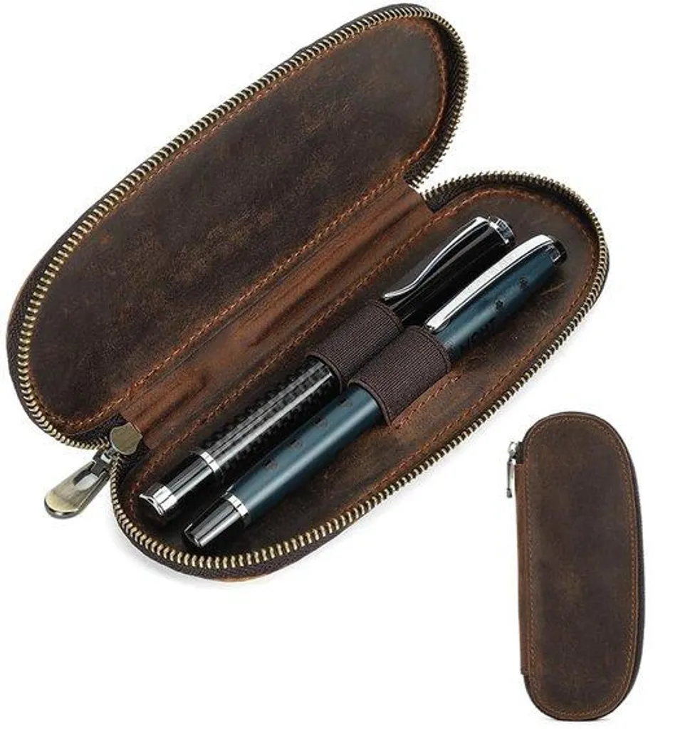 Protection de stylo anti-rayures en cuir noir à double compartiment