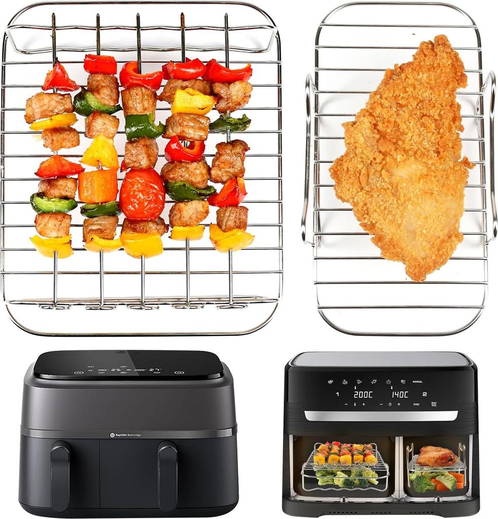 BYKITCHEN Heißluftfritteuse Zubehör für Philips Dual Basket 3000-Serie, 9L/Tefal 5,2/3,1 L Easy Fry, 2 Stück Luftfritteusenständer mit 5 Spie...