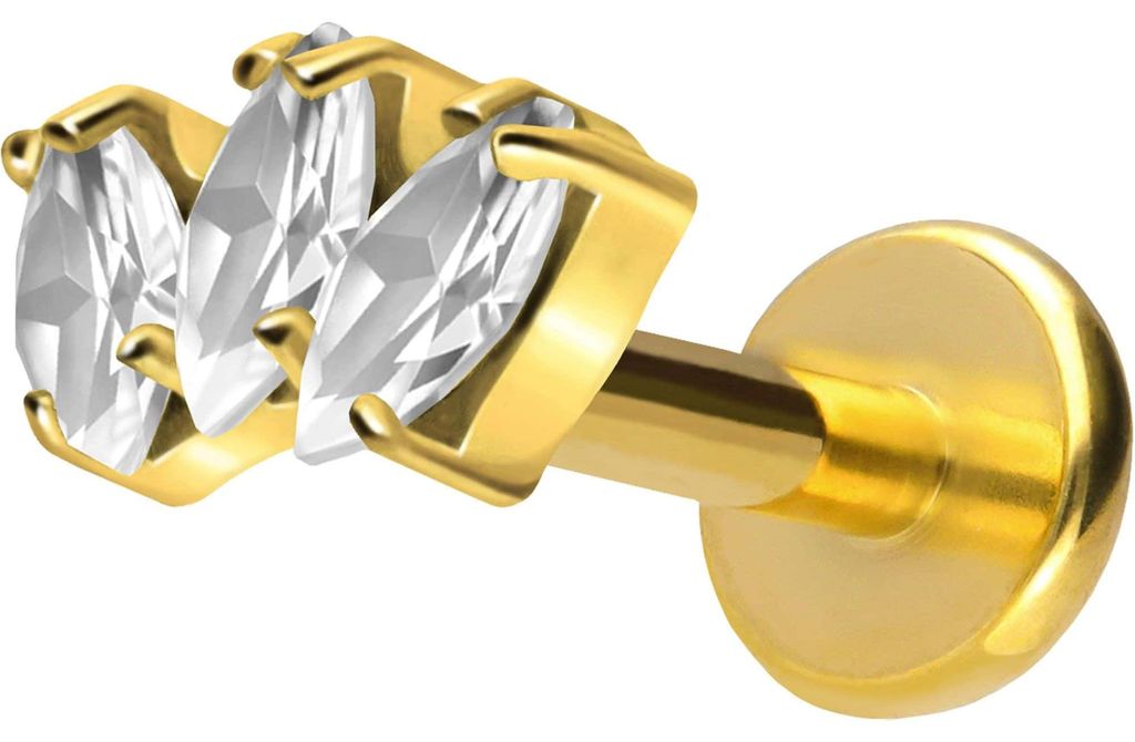 Ohrpiercing, Nasenpiercing Titan Labret mit Push Fit 3 KRISTALLTROPFEN Gold Stablänge: 8mm | Stabstärke: 1,2mm