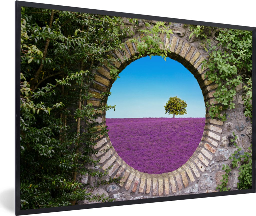 MuchoWow Gerahmtes Poster Lavendel - Ausblick - Blumen - Sommer 30x20 cm - Poster mit Schwarzem Bilderrahmen Wandposter Rahmen Foto Bilder - Kuns...