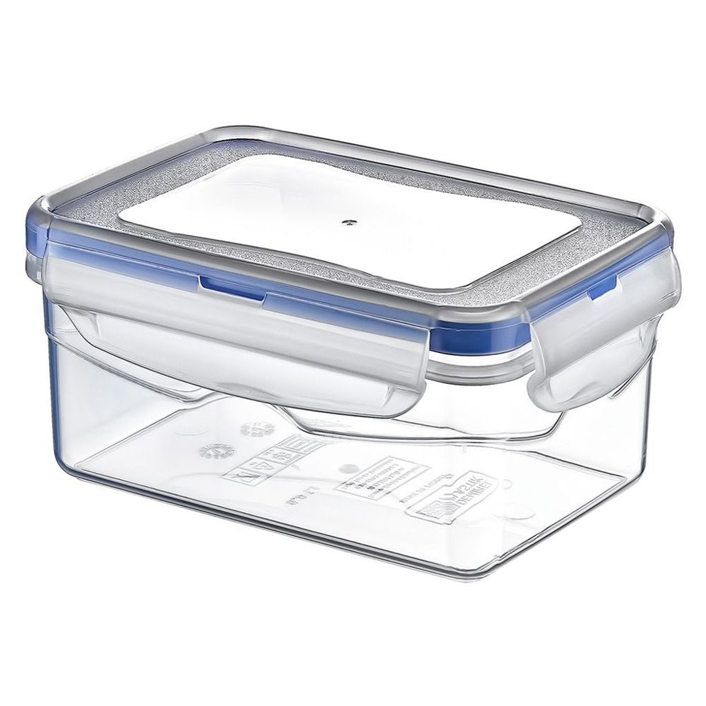 A clear, studio shot of a rectangular food storage container with a blue lid and clear body, set against a white background.