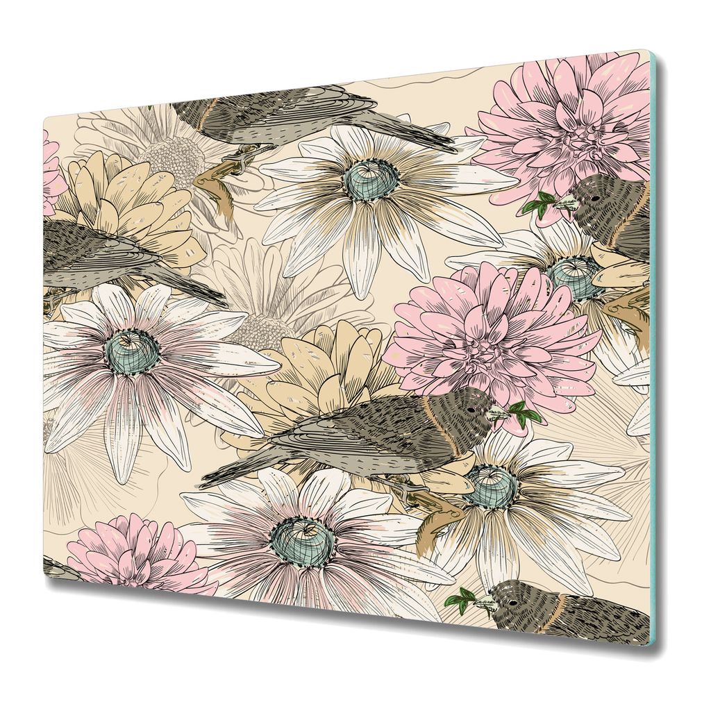 Küche Teller - Schneidebrett Glas - Herd Abdeckung - 60x52 - Skizze der Vögel Blumen