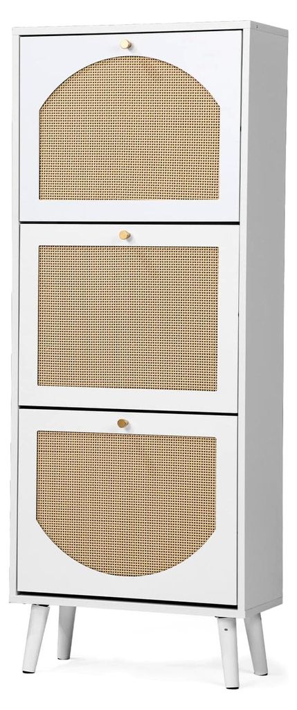 Schuhschrank Schmal, Schuhregal mit 3 Klappen, Schuhkipper mit Verstellbar, Schuhaufbewahrung Holz, Schuhablage Schuhkommode, Geflochtene Rattan-Sc...