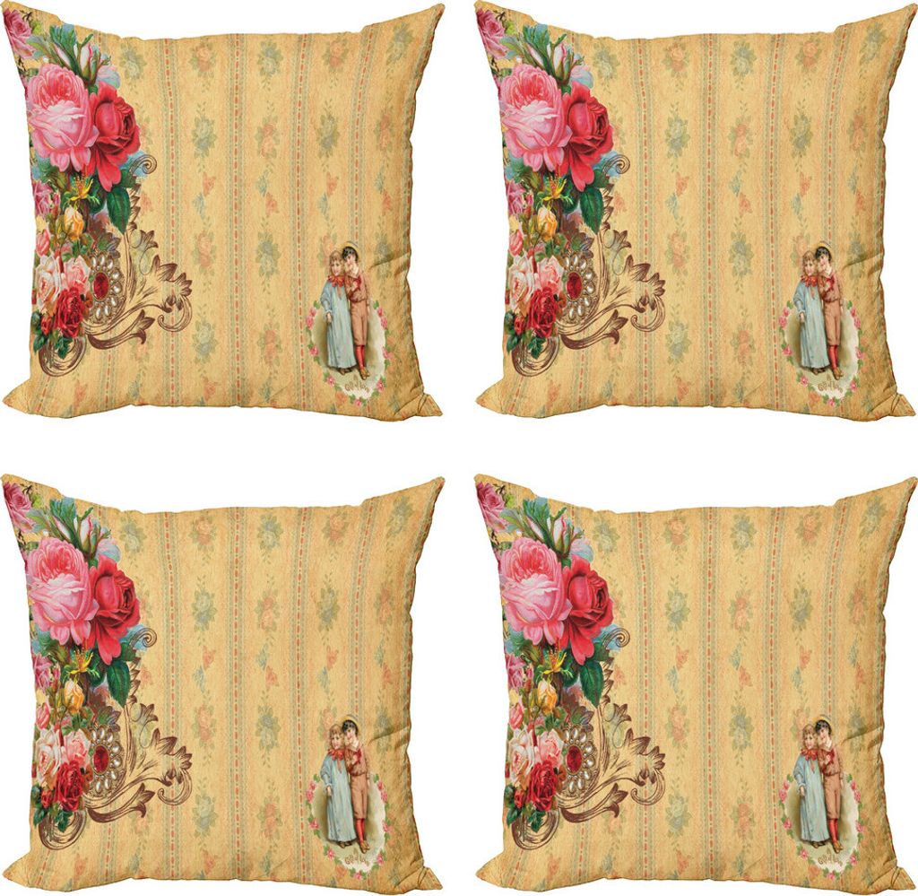 ABAKUHAUS Jahrgang Kissenbezug Set (4 Stück), Romantisches Land Roses, Moderner Doppelseitiger Digitaldruck, 50 cm x 50 cm, Sand Braun Hellrosa