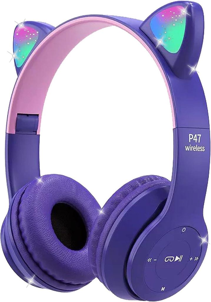 Over-Ear-Kopfhörer mit Mikrofon, Katzenohr-LED-Licht, Headset, TF-Karte/kabelgebundene faltbare Kopfhörer für Mädchen und Jungen, Geschenk ab 8...