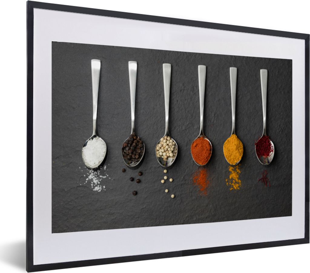 MuchoWow MuchoWow Gerahmtes Poster Gewürze - Löffel - Tisch - Rustikal - Gewürze 60x40 cm - Poster mit zchwarzem Bilderrahmen - Schlafzimmer...