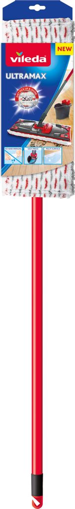 The image shows the packaging of a Vileda Ultramax mop with a red handle.