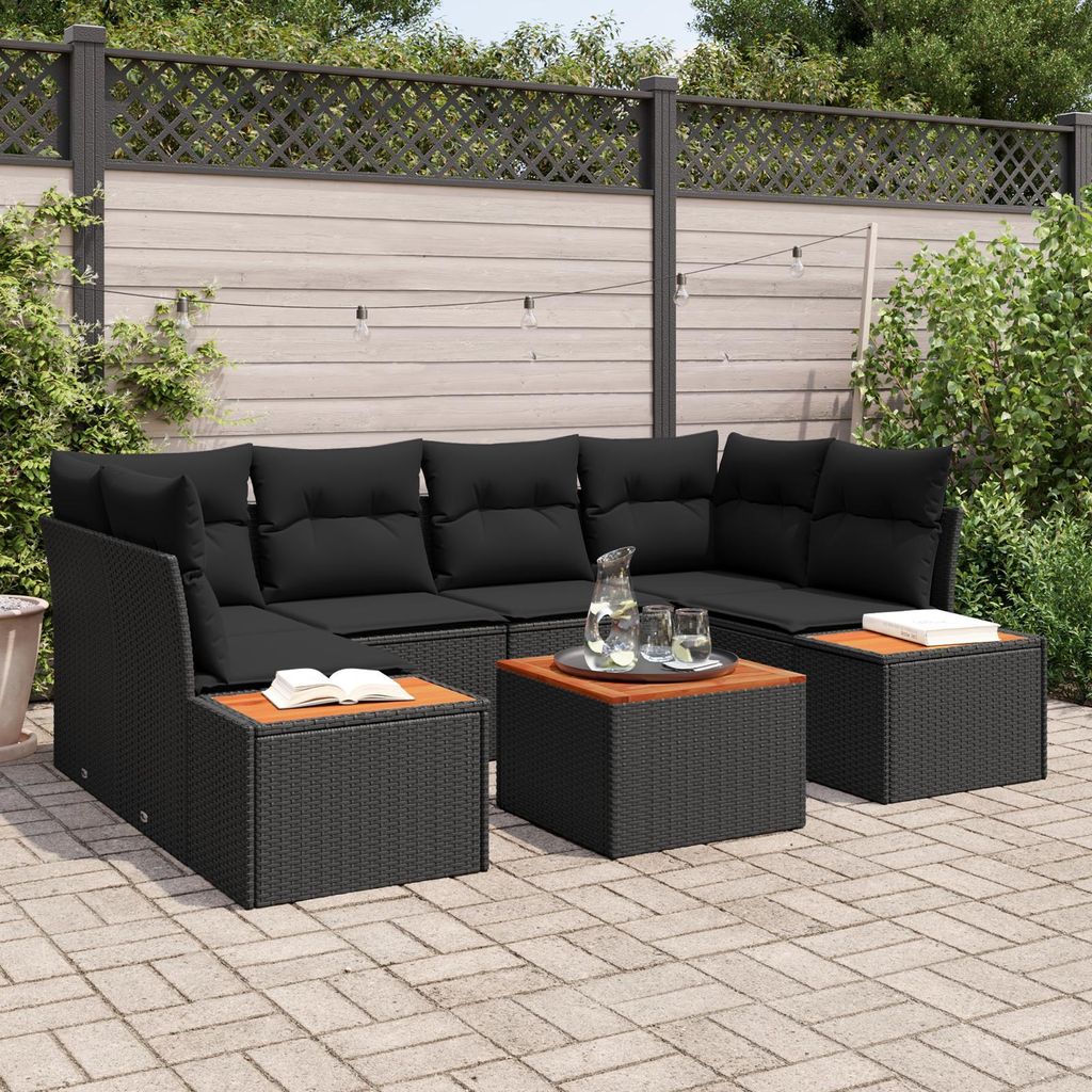 7-teiliges Garten Sofa Set mit Kissen Schwarz Poly Rattan Akazie, Design Gartensofas Neu