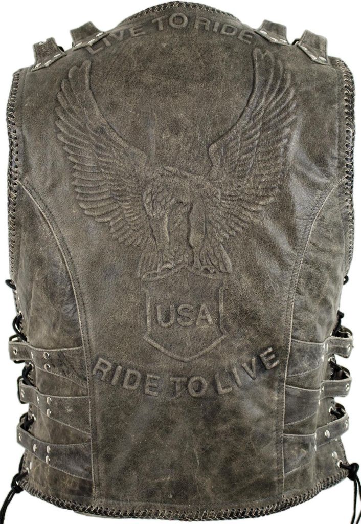 Vintage Lederweste Bikerweste Motorradweste Herren Kutte in Grau Adler Prägung(4XL)