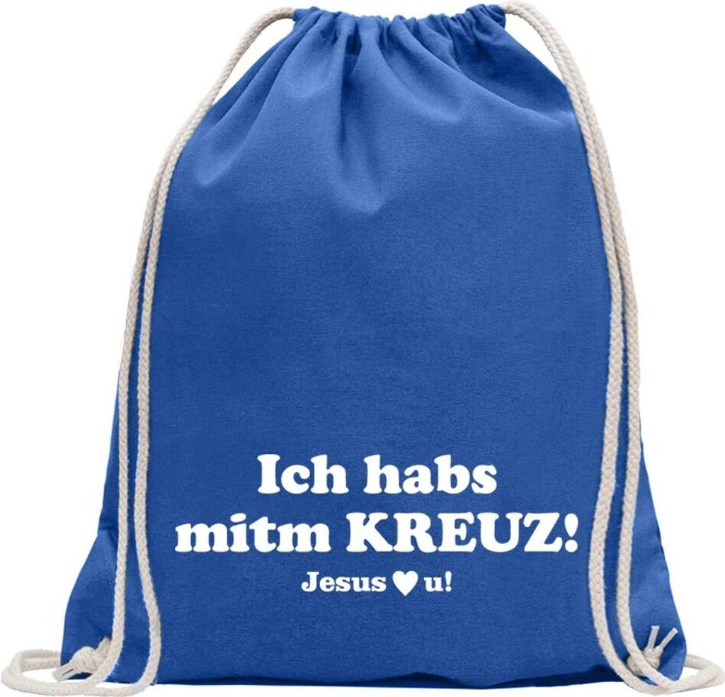 Kiwistar - Turnbeutel - royal - Ich hab Kreuz - Jesus love u - Fun Rucksack Sport Beutel Gymsack Baumwolle mit Ziehgurt