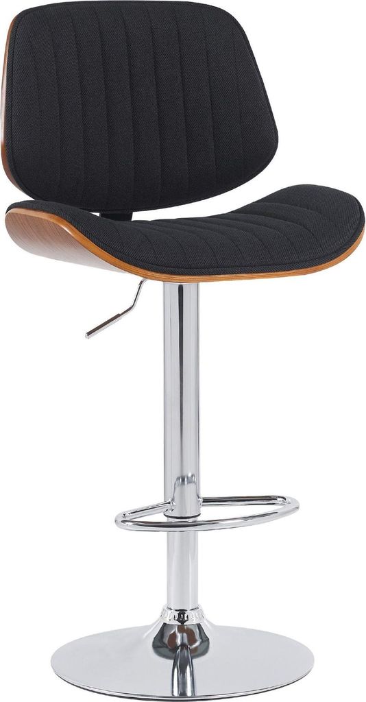 Barhocker mit Stoffpolsterung – Holzgestell – 360° höhenverstellbar, drehbares Design | Farbe: Walnuss/Schwarz | Grundfarbe: Chrom