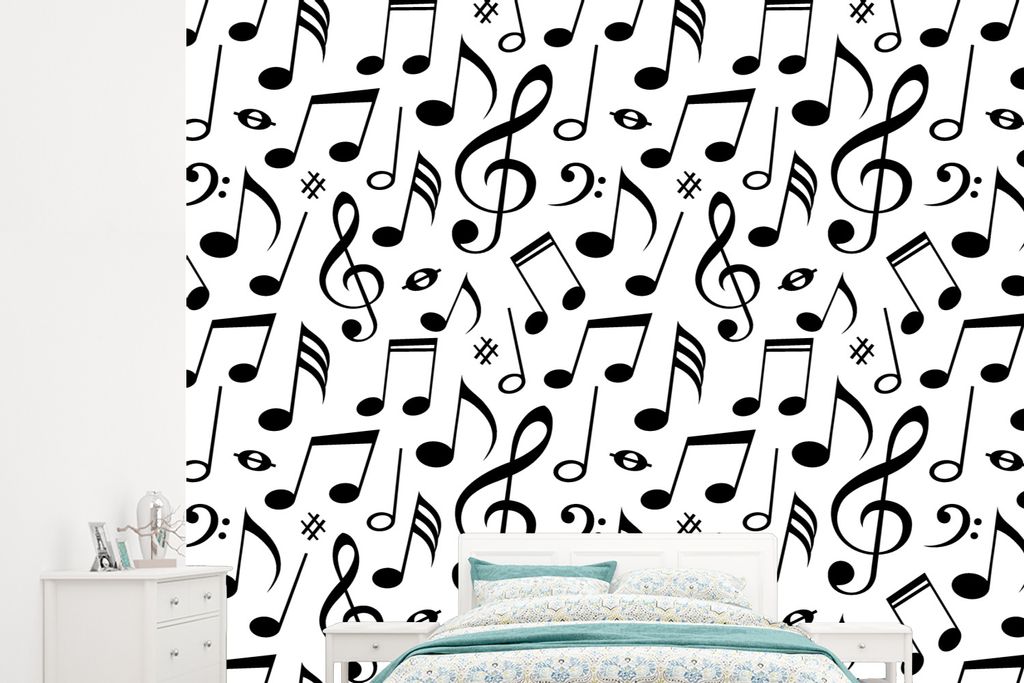 MuchoWow Fototapete für Wohnzimmer oder Schlafzimmer Wandtapete Vinyl Motivtapete Musik - Muster - Schwarz und Weiß - 265x240 cm - Zimmer für ...