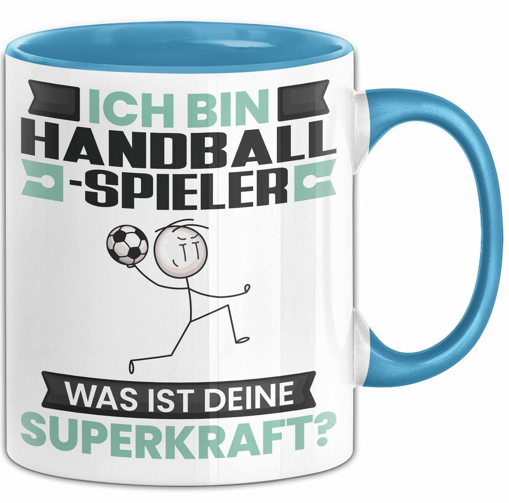 Handballspieler Tasse Geschenk für Handballspieler Geburtstag Lustiger Spruch Kaffee-Becher Was Ist Deine Superkraft (Blau)
