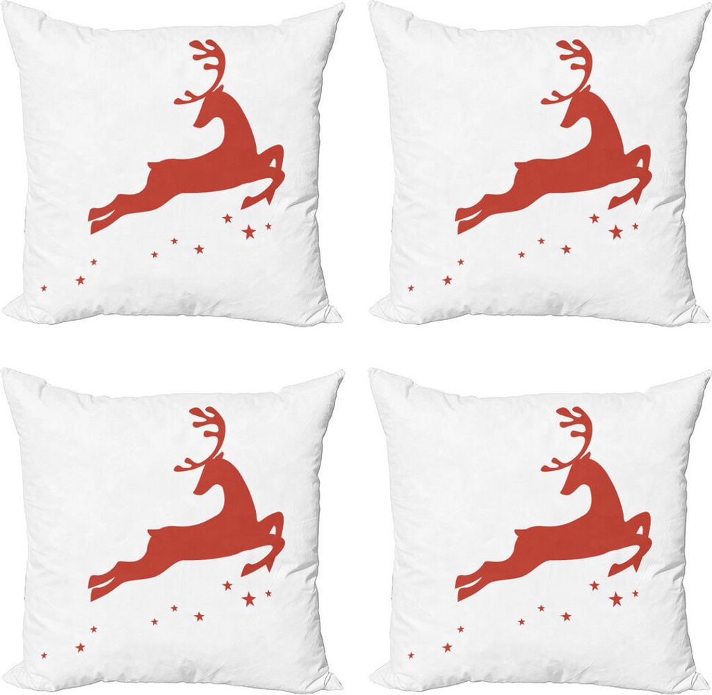 ABAKUHAUS rot Kissenbezug Set (4 Stück), Jumping Reindeer Sterne, Moderner Doppelseitiger Digitaldruck, 40 cm x 40 cm, rot-Weiss