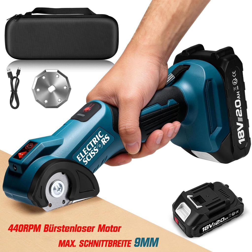440RPM 18V AKKU-Kartonschneider Elektrische Schere mit USB-C Ladefunktion, 9mm Schnittbreite, LED-Lampe, mit Sicherheitssperre, für Pappe, Stoff