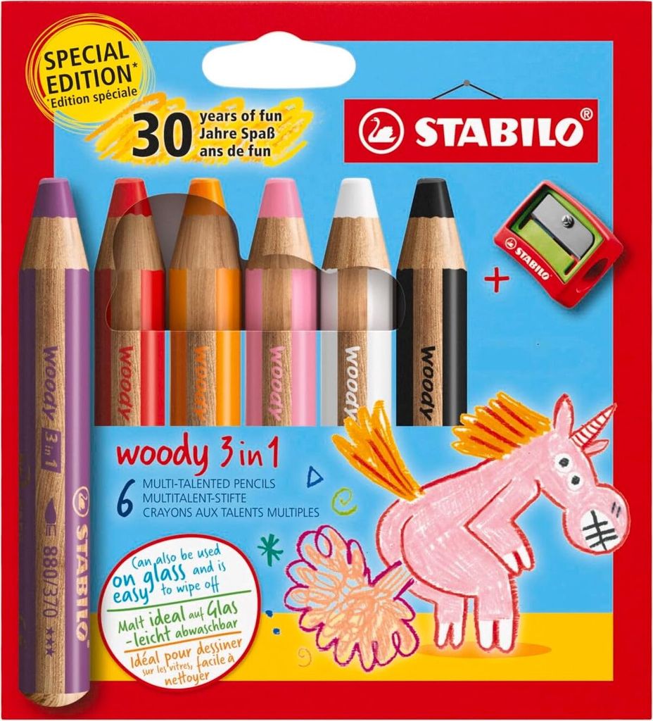 STABILO Buntstifte woody 3in1 Einhorn Design 6 Stück mit Spitzer