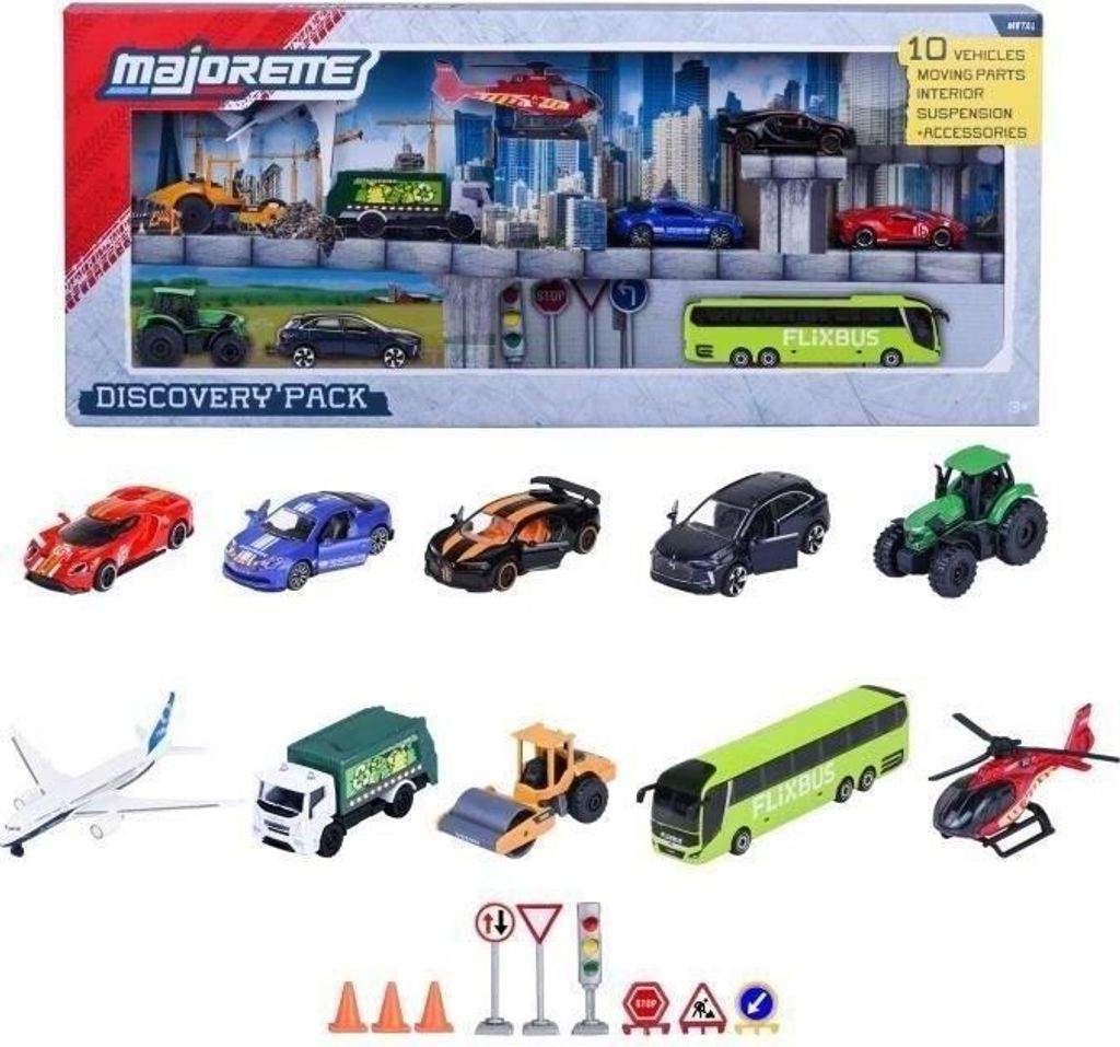 Majorette Set Découverte 10tlg, Mini Metall Fahrzeuge, Inkl. Verkehrsschilder, Maßstab 1/64, Ab 3 Jahren