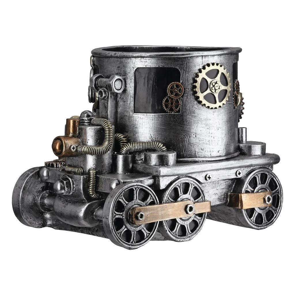 Cache-pot Steampunk Engine avec motifs rouages en résine argentée