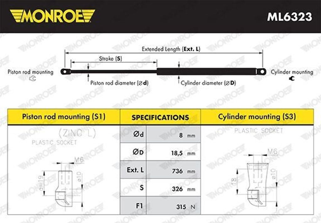 MONROE Gasfeder Motorhaubendämpfer 736mm für TOYOTA Camry Limousine (V3) 315N ML6323