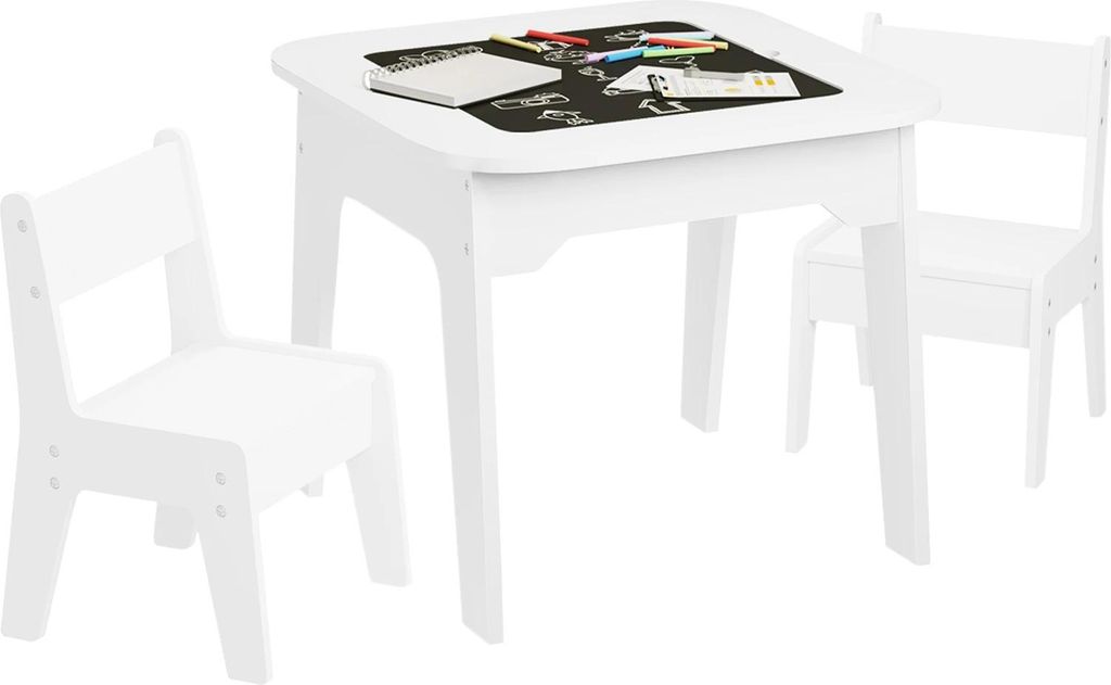 Kindertisch mit 2 Stühlen - Lern- und Schreibtisch-Set - Mit Stauraum, Beidseitige Tischplatte, Kiefer & P2-MDF mit UV-Lack, Quadratisch, 60x60x49...