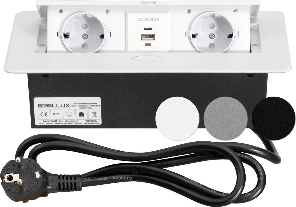 A white retractable power strip with two outlets and two USB ports, along with a power cord and three colored discs, is displayed on a white background.