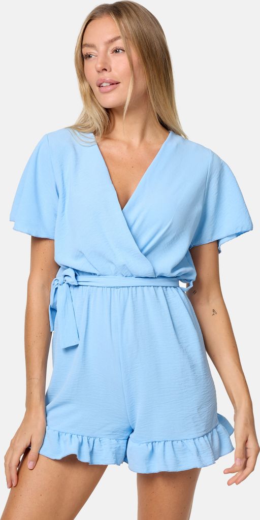 PM SELECTED Sommerlicher Damen Mini Jumpsuit Hosenanzug mit Gürtel, Rüschen und V-Ausschnitt PM28 Blau Einheitsgröße Gr. 34 - 38