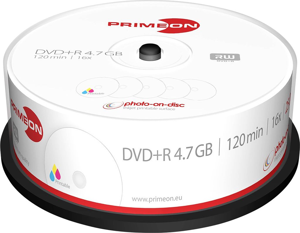 PRIMEON DVD-Rohling DVD+R 120Min 4.7GB 16x Cakebox 25 Stück printable