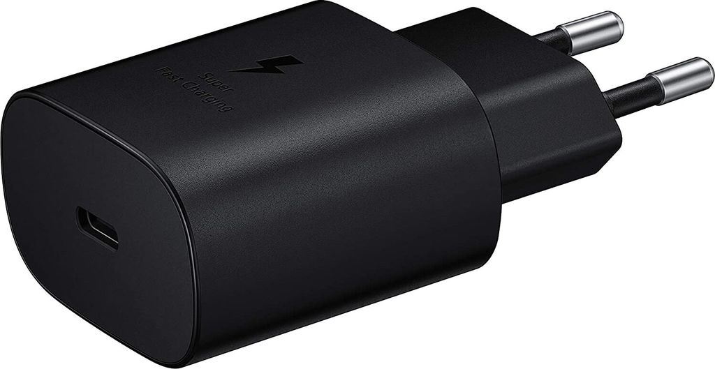 A black Samsung mobile device charger with a USB-C port and European plug prongs.