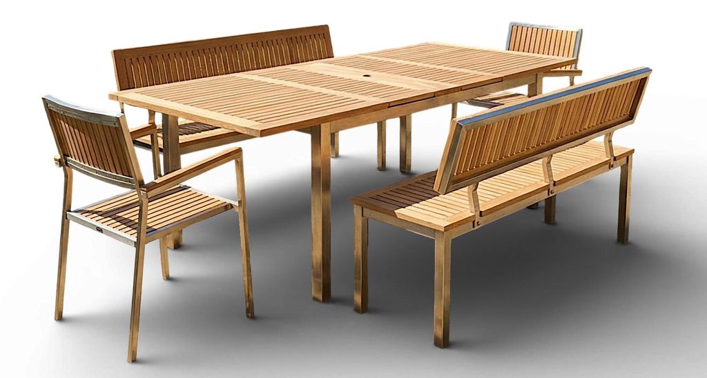 ALEOS. Gartengarnitur Edelstahl Teak Set mit Ausziehtisch 160/220 x 90 cm + 2x Gartenbank 140cm + 2 Teak Sessel A-Grade Teak Holz Serie KUBA Gastro...