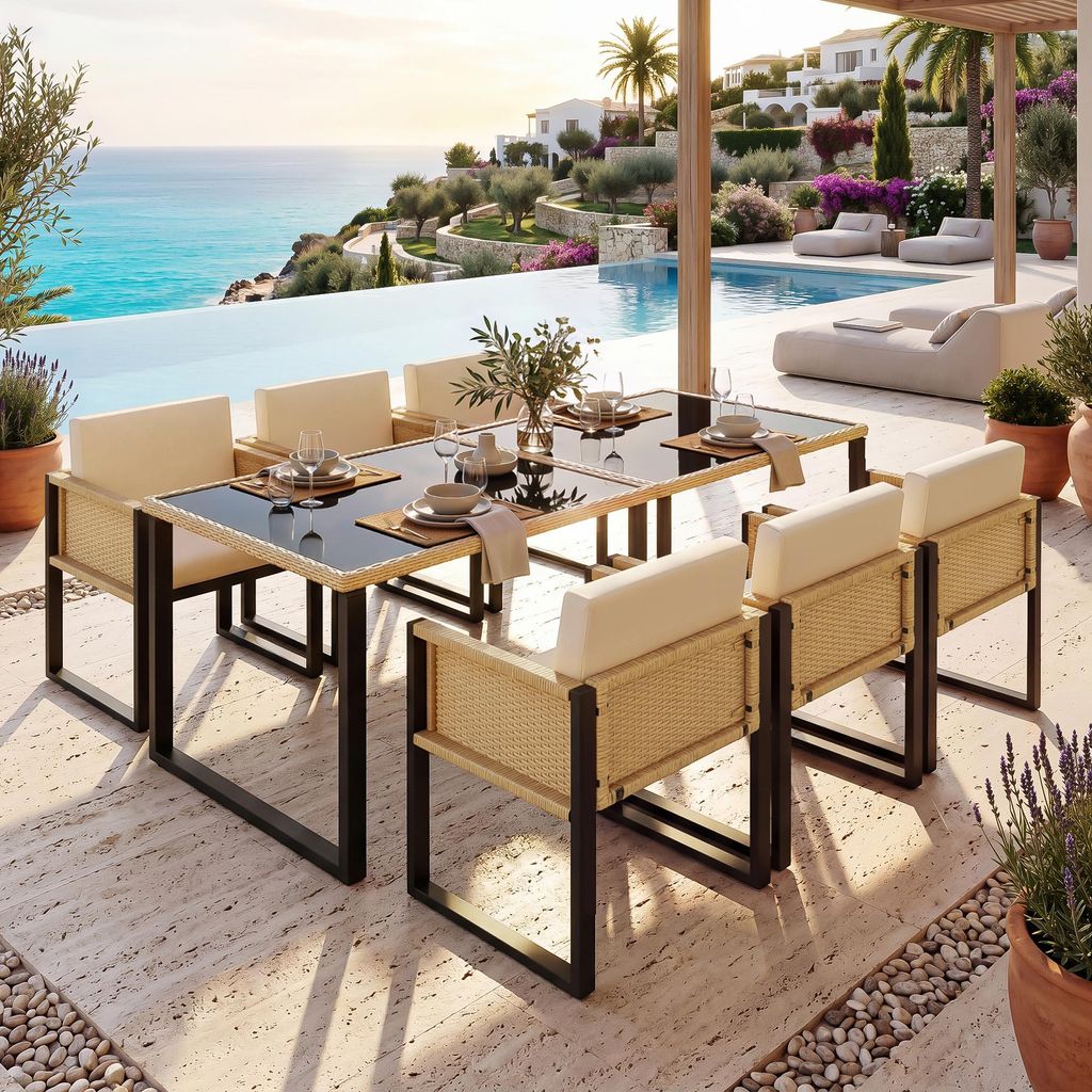 MODFU Garten Lounge Set Gartenmöbel, Garten Loungesessel Balkonmöbel-Set, Esstisch und Stuhlse , 6-Personen-Garten-Essgruppe mit Sesseln, abnehm...