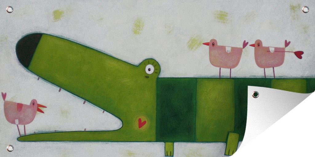 MuchoWow 160x80 cm Outdoor-Poster Gartendeko Sichtschutz Garten Poster für den Garten Krokodil - Vogel - Rosa