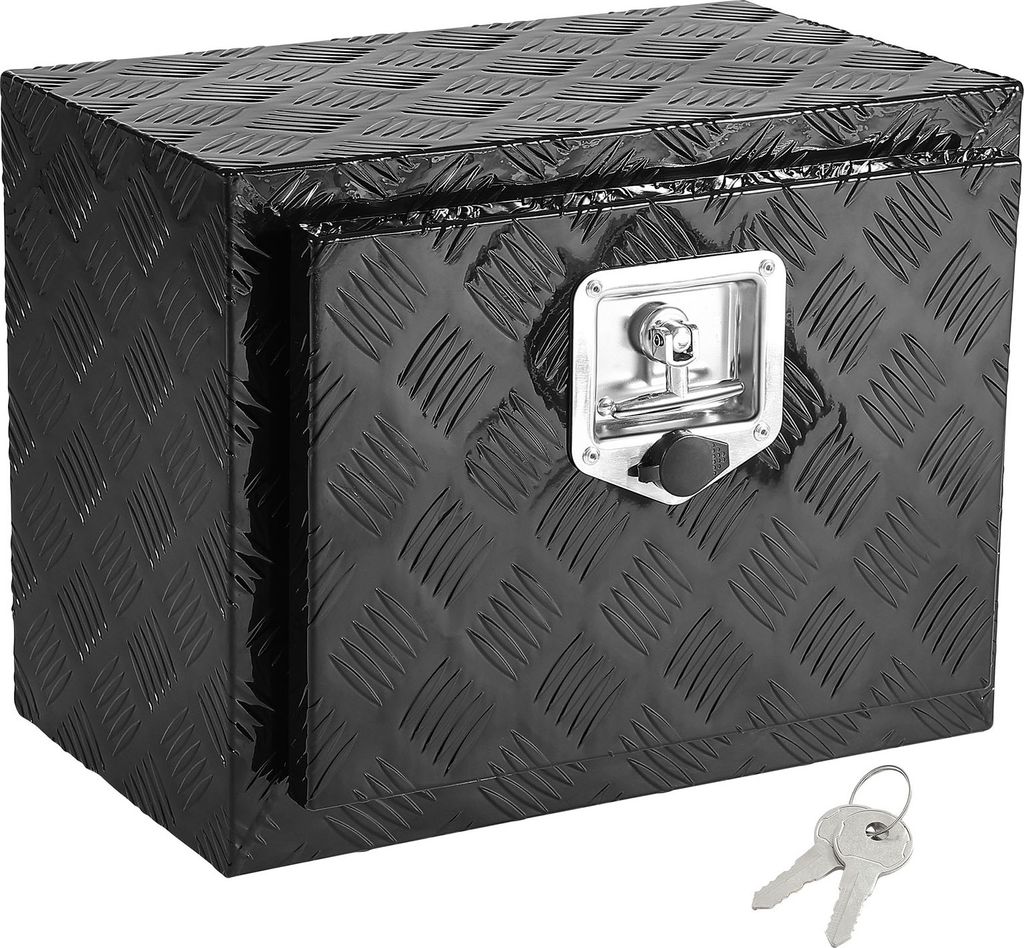 A black aluminum toolbox with a diamond plate texture, a silver latch, and two keys are shown on a white background.