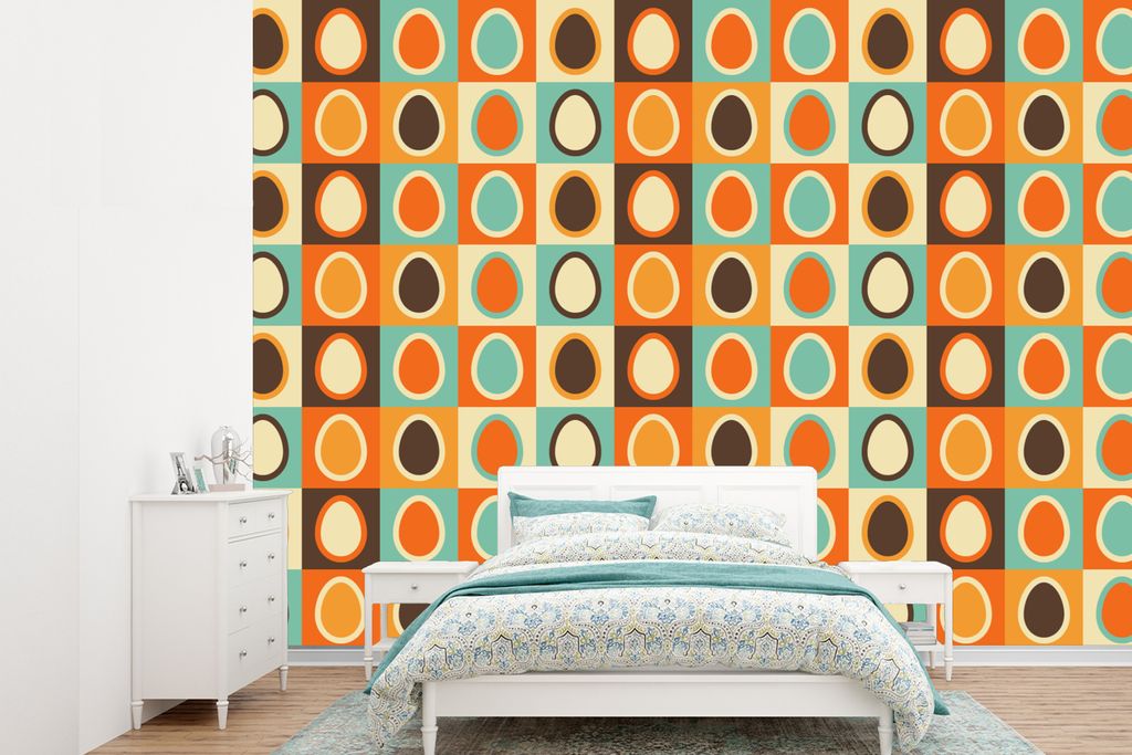 MuchoWow Fototapete für Wohnzimmer oder Schlafzimmer Wandtapete Vinyl Motivtapete Retro - Muster - Ei - 415x300 cm - Küche