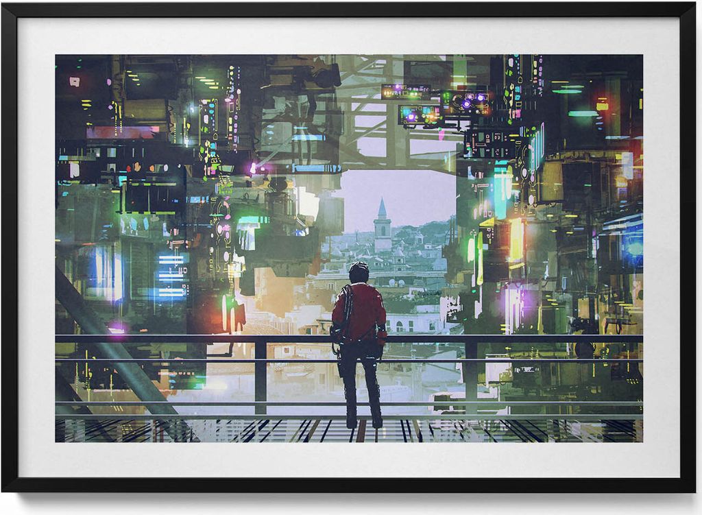 Stadt Cyber Punk– Wandbild mit Rahmen – Gerahmtes Bild – Wanddekoration – 100x70 cm – Schwarz Rahmen