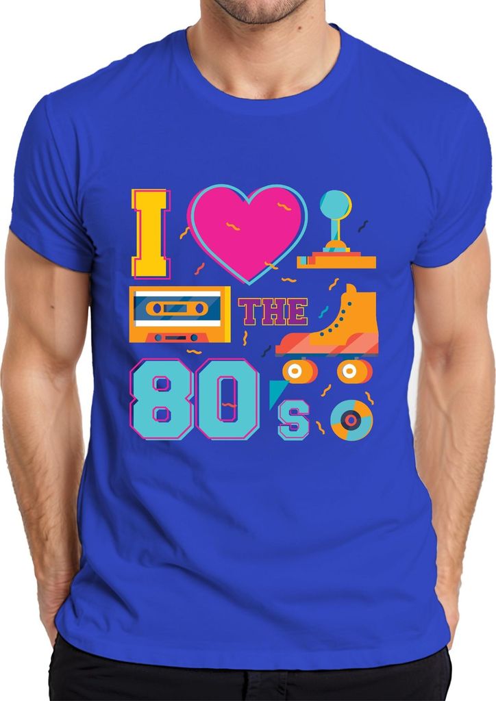 I THE 80's Retro 80er Nostalgie Rollschuhe Kassette Disco Party Herren T-Shirt, Blau, XXL