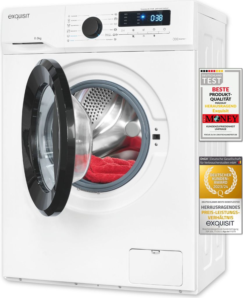 Exquisit Waschmaschine WA8014-020A weiss | 8 kg Fassungsvermögen | Energieeffizienzklasse A | 12 Waschprogramme | Kindersicherung | Startzeitvorwahl