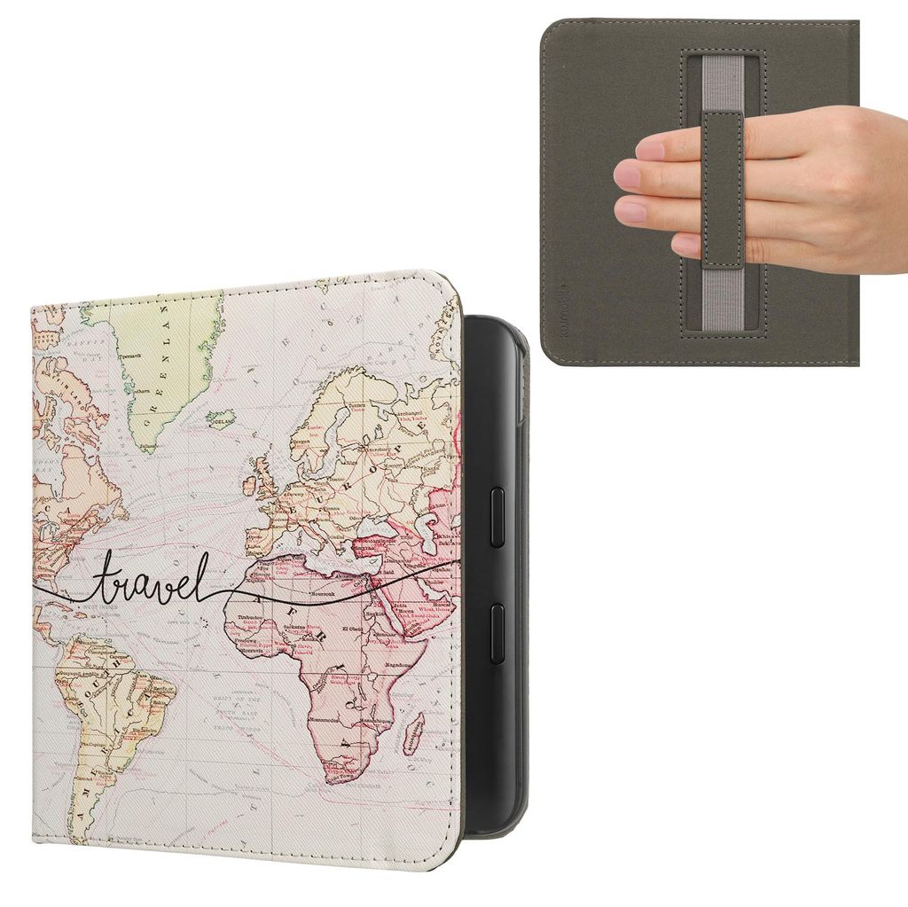 kwmobile Schutzhülle für Kobo Kobo Libra Colour / Tolino Vision Color Hülle - eReader Flip Case mit Handschlaufe und Auto Sleep Funktion - Travel