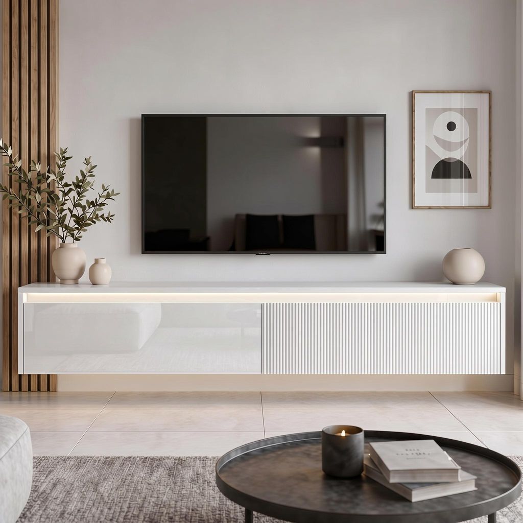 Hängendes TV-Lowboard 170 cm LUMI IV Weiß Hochglanz, Produktbild 