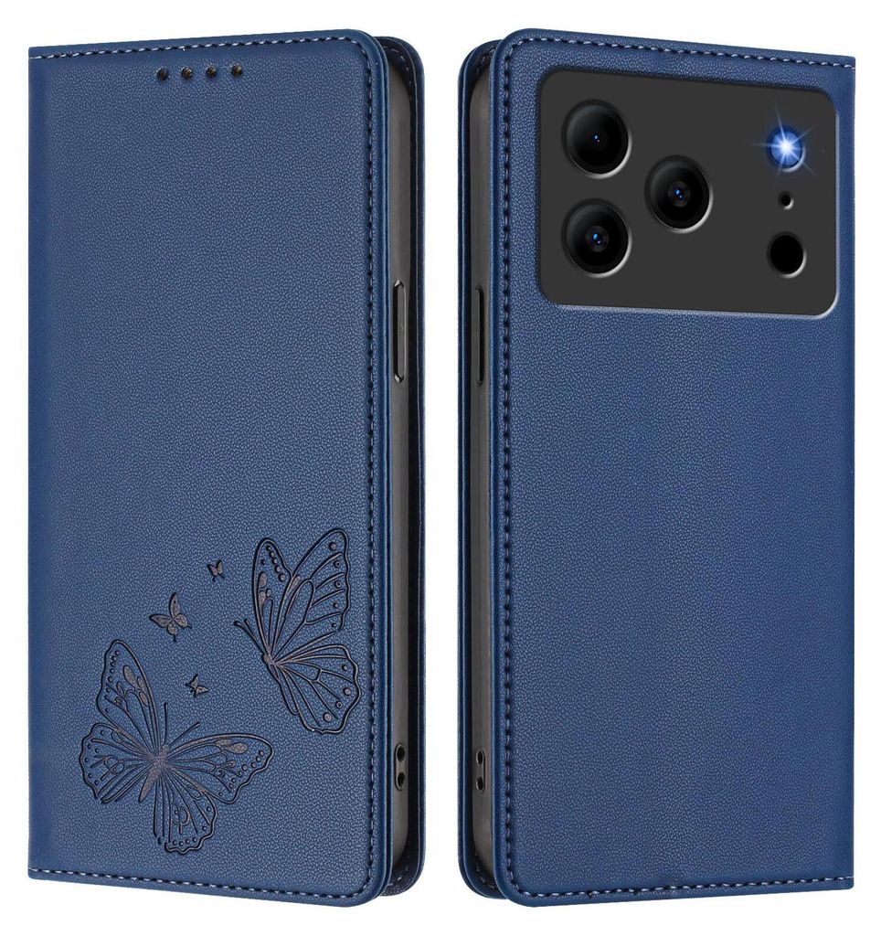 Lederhülle für Doogee Note 56 / Note 56 Pro, Schmetterling Prägung Leder Brieftasche Schutzhülle mit Ständer Dunkelblau