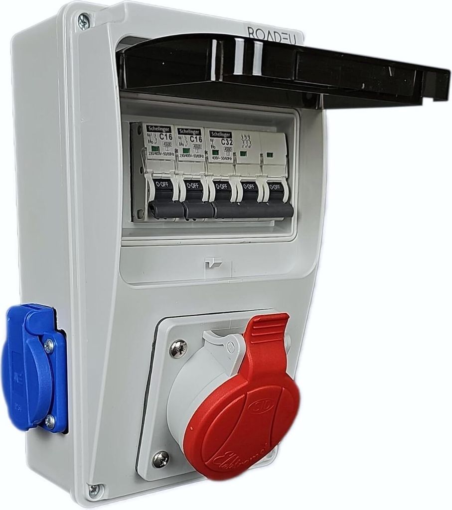 RoadEu Stromverteiler 32A 5P Steckdose - 2x 230V Schuko - Baustromverteiler 32A mit Sicherungsautomat - CEE Verteiler - Stromverteiler IP44