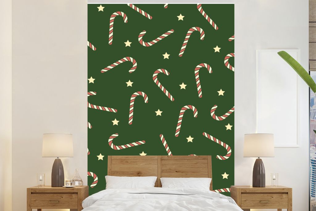 MuchoWow Fototapete für Wohnzimmer oder Schlafzimmer Wandtapete Vinyl Motivtapete Weihnachten - Zuckerstange - Muster - 195x300 cm - Das Hinterg...