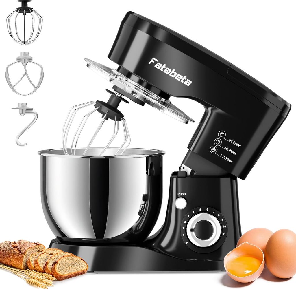 Fatabeta Küchenmaschine 1000W, 5,5L Edelstahl-Schüssel, 11+P Stufen, mit Knethaken, Rührhaken, Schlagbesen & Spritzschutz, Schwarz