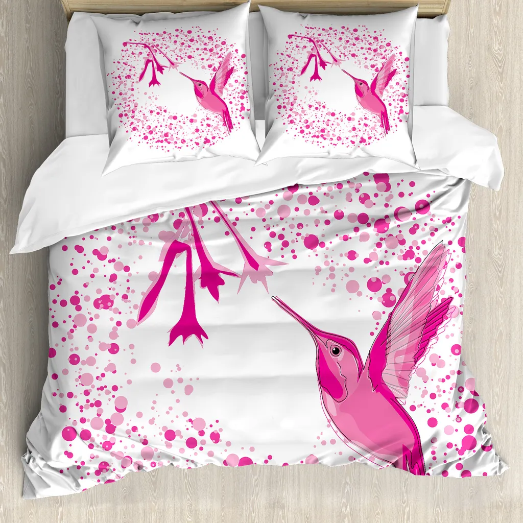 ABAKUHAUS Copripiumino Kolibri, Hummingbird a pois floreali, antiacaro, adatto a chi soffre di allergie, con federe, 155 cm x 220 cm - 80 x 80 cm, rosa fucsia