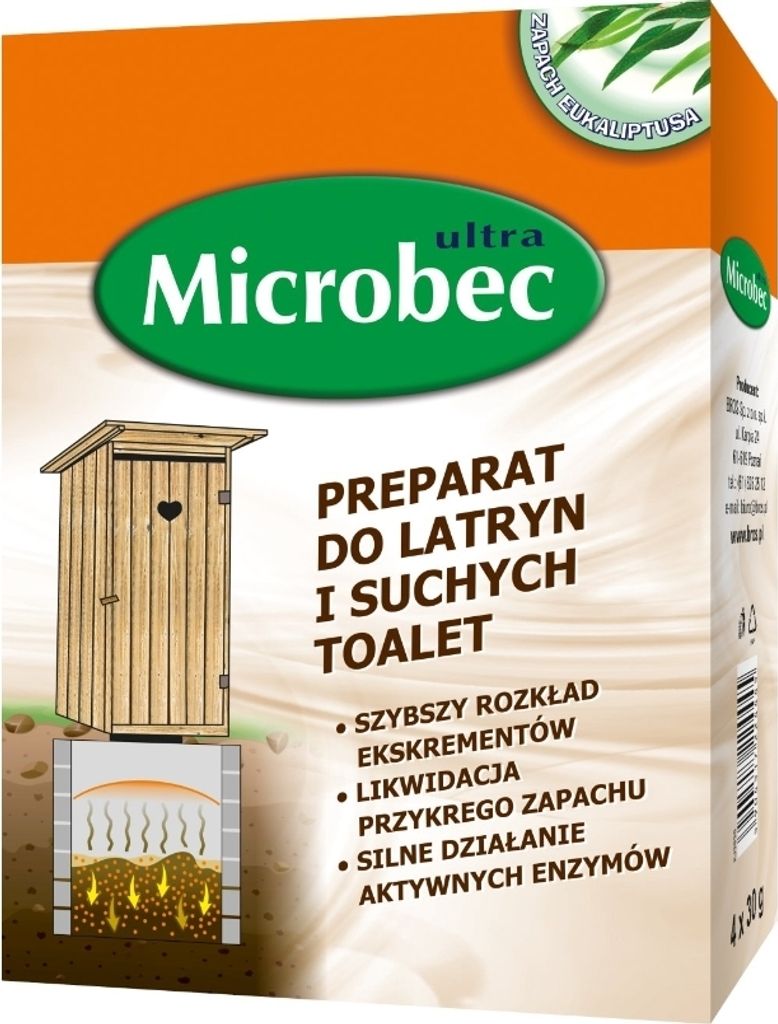 A product box for a toilet preparation product, featuring an illustration of a toilet and information about the product's benefits.